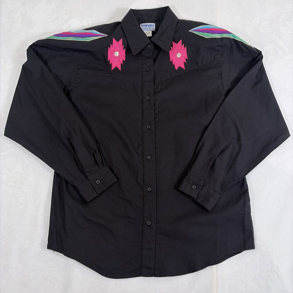 Vtg WRANGLER Shirt Women Lg Black Cotton Embroidered Western Cowgirl Charity